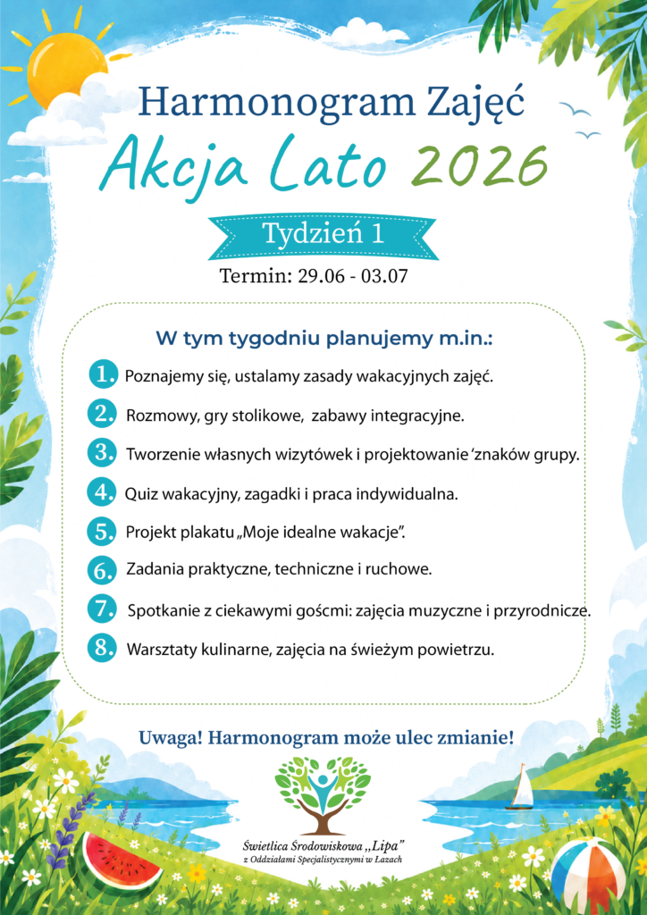 Harmonogram zajęć Akcja Lato 2026, tydzień 1, termin 29.06 - 03.07, z listą zaplanowanych aktywności dla dzieci.