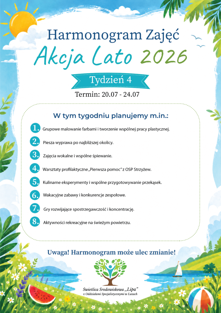 Harmonogram czwartego tygodnia Akcji Lato 2026 w Świetlicy „Lipa” w Łazach na dni 20–24 lipca 2026 roku.