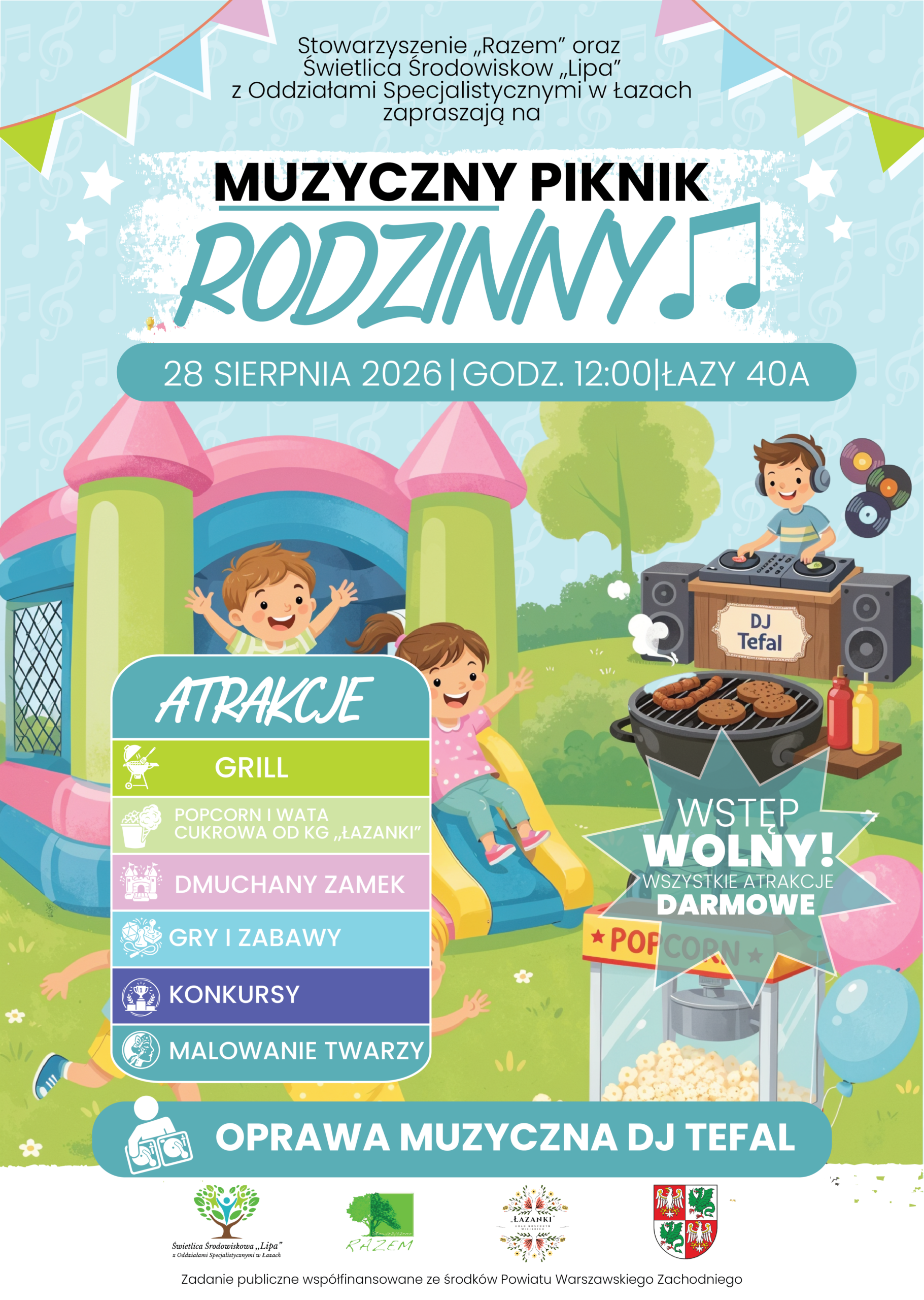 Muzyczny Piknik Rodzinny 2026 w Łazach – plakat wydarzenia organizowanego przez Stowarzyszenie Razem i Świetlicę Lipa