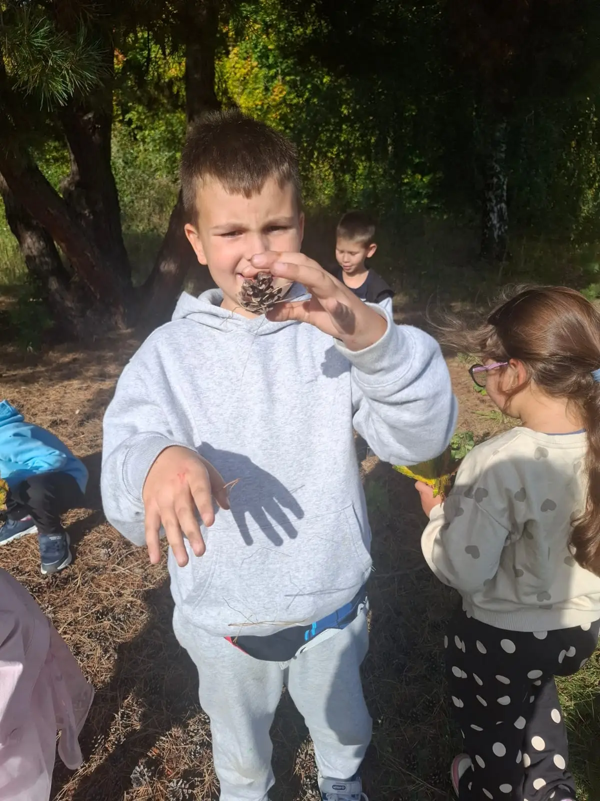Dzieci ze świetlicy „LIPA” zbierają jesienne liście i szyszki, a następnie wspólnie tworzą z nich słonecznik. Zdjęcia przedstawiają zbieranie materiałów, układanie liści i szyszek oraz gotową pracę z łodygą z patyka i dekoracją z mniejszych kwiatów.