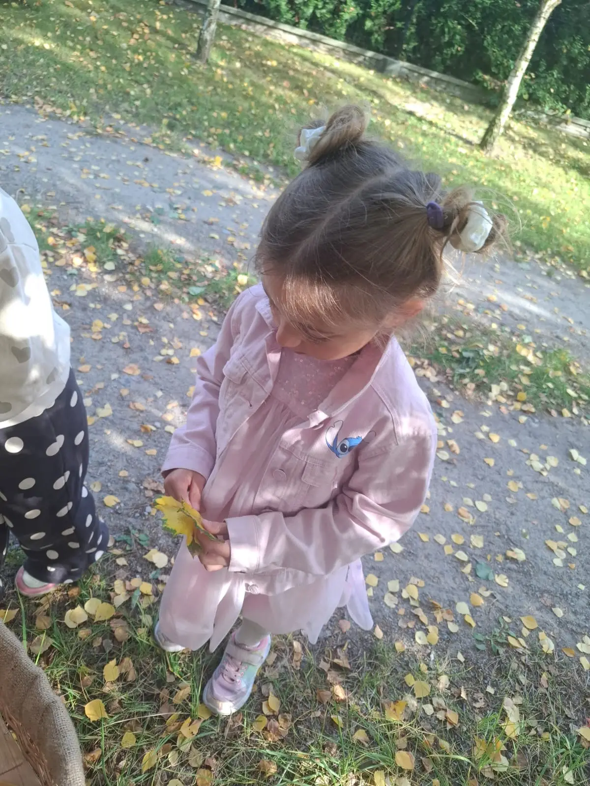 Dzieci ze świetlicy „LIPA” zbierają jesienne liście i szyszki, a następnie wspólnie tworzą z nich słonecznik. Zdjęcia przedstawiają zbieranie materiałów, układanie liści i szyszek oraz gotową pracę z łodygą z patyka i dekoracją z mniejszych kwiatów.