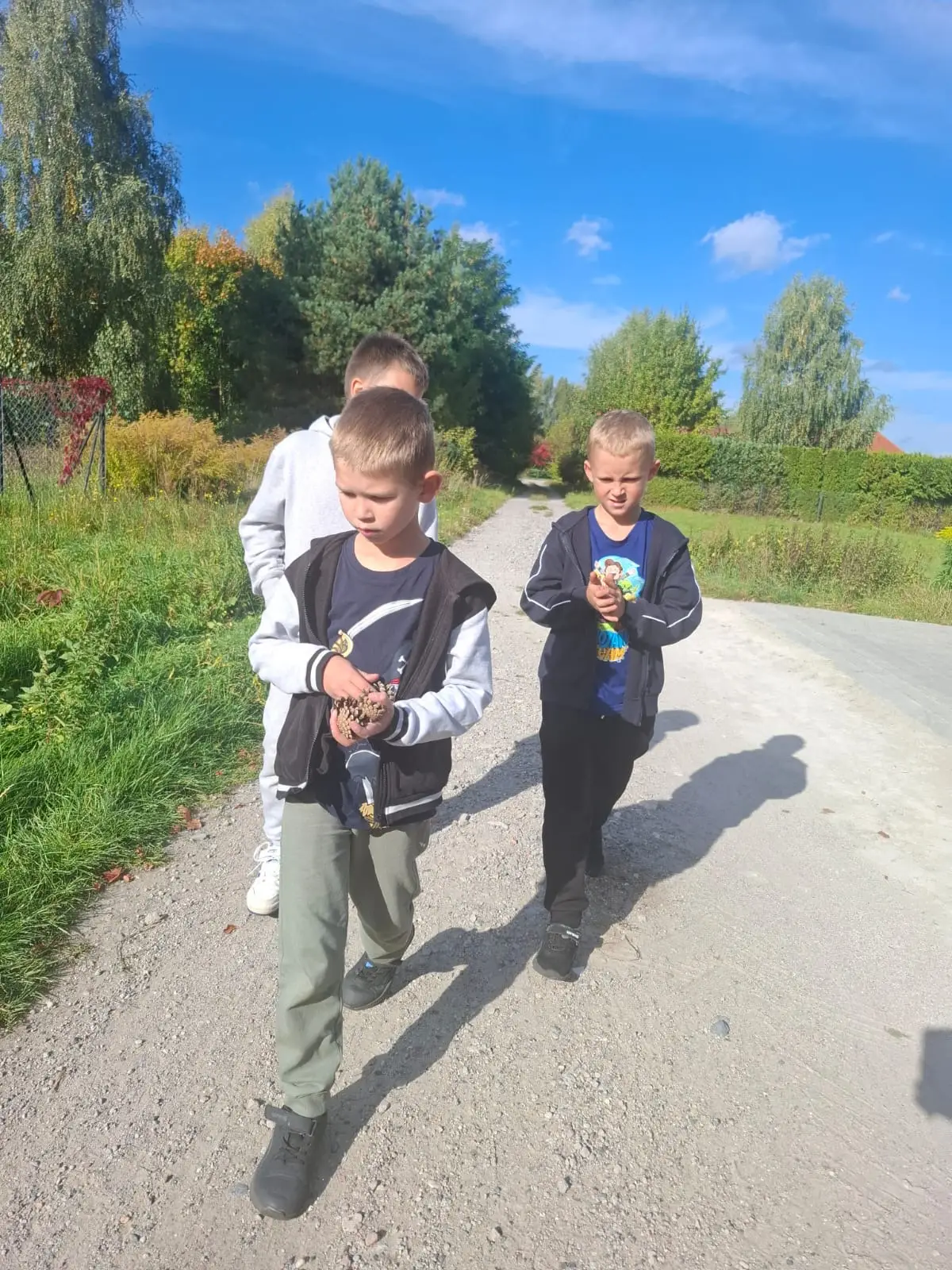 Dzieci ze świetlicy „LIPA” zbierają jesienne liście i szyszki, a następnie wspólnie tworzą z nich słonecznik. Zdjęcia przedstawiają zbieranie materiałów, układanie liści i szyszek oraz gotową pracę z łodygą z patyka i dekoracją z mniejszych kwiatów.