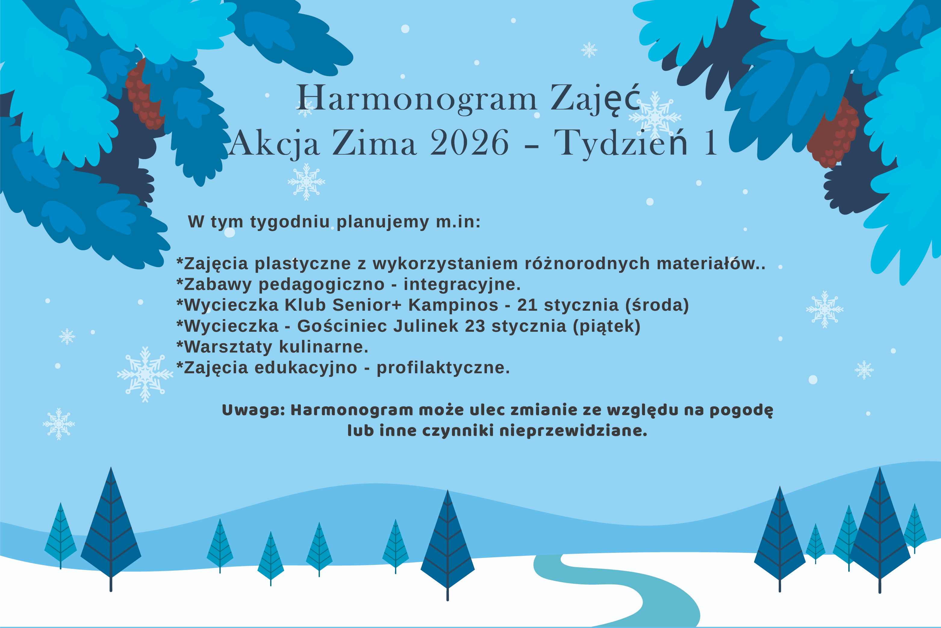 Harmonogram Zajęć Akcja Zima 2026 – Tydzień 1