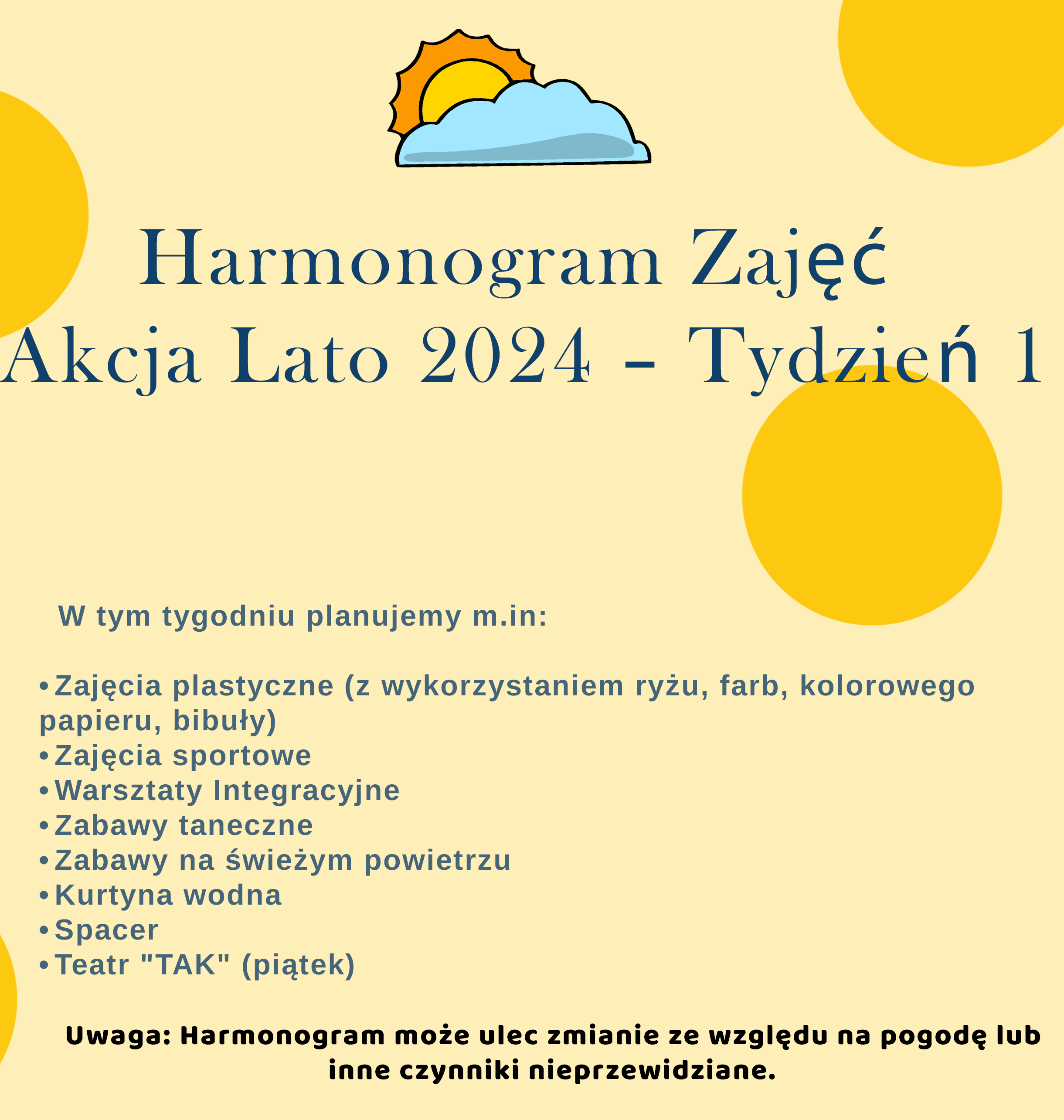 Harmonogram Zajęć – Akcja Lato 2024 – Tydzień 1