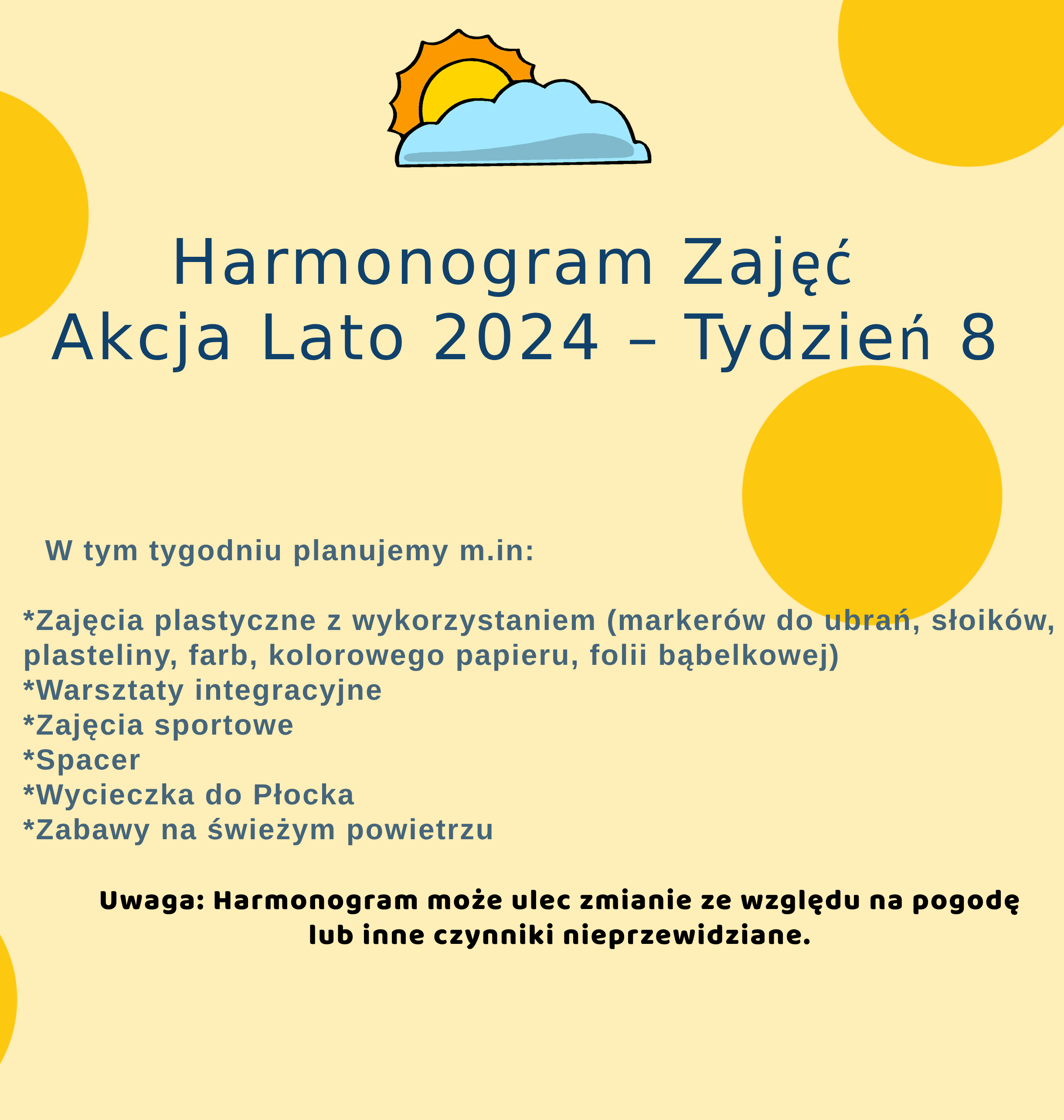 Harmonogram Zajęć – Akcja Lato 2024 tydzień 8